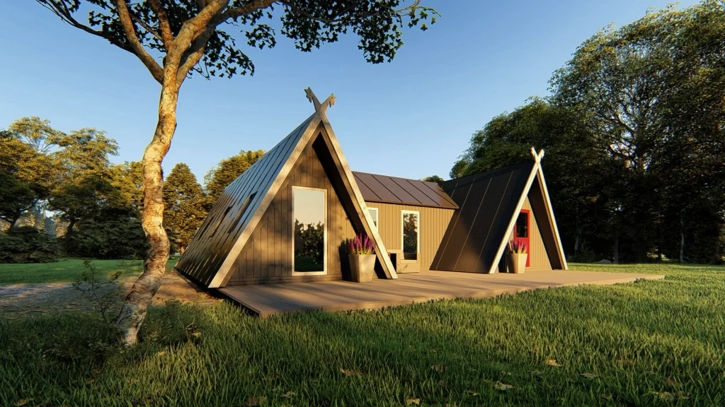 Avrame A-frame domy: Stavebnice ve tvaru áčka, kterou postaví tři lidé 3 Vizualizace dvojice A-frame domů Avrame na zahradě