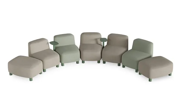 LD Seating uvádí modulární sezení Pod a Nido Bench: Sestavu složíte sami 12 Půlkruhová sestava pufů Pod v béžové a zelené kombinaci s odkládacími stolky