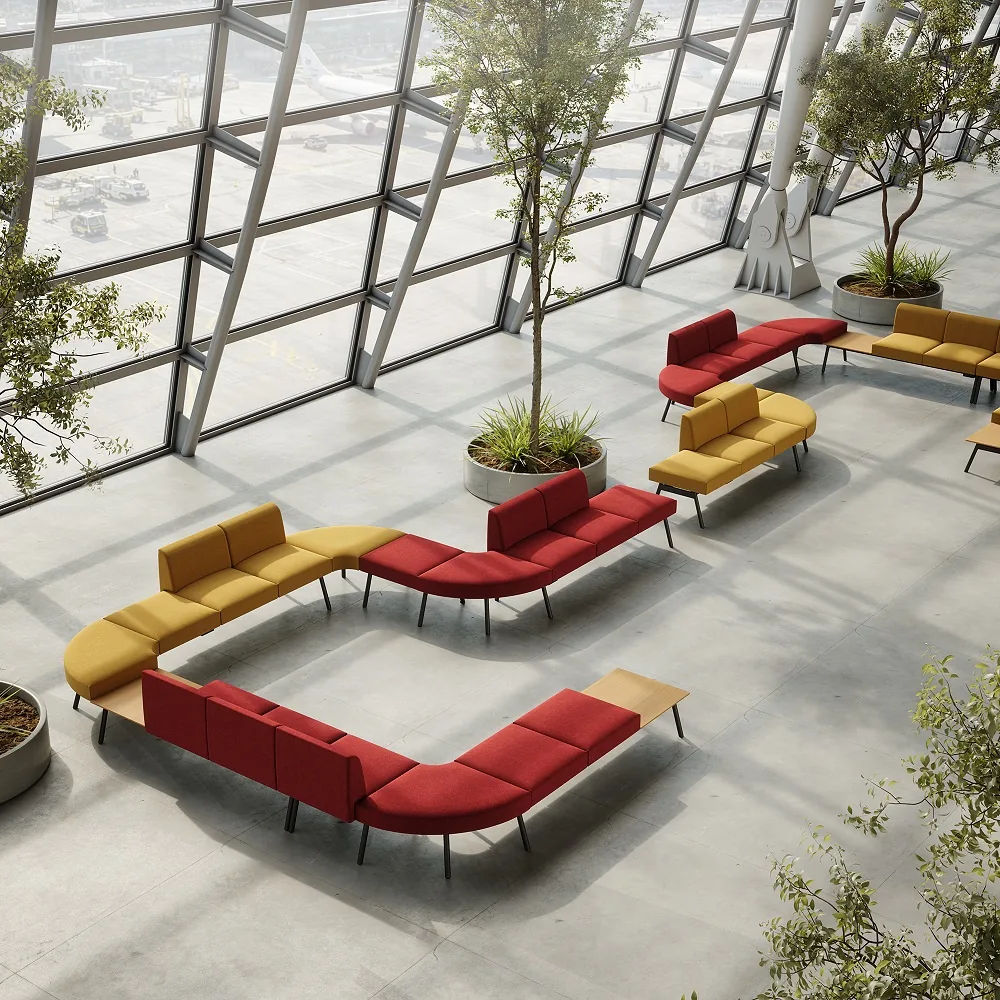 LD Seating uvádí modulární sezení Pod a Nido Bench: Sestavu složíte sami 16 Pohled shora na rozvětvené sestavy Nido Bench v letištním terminálu