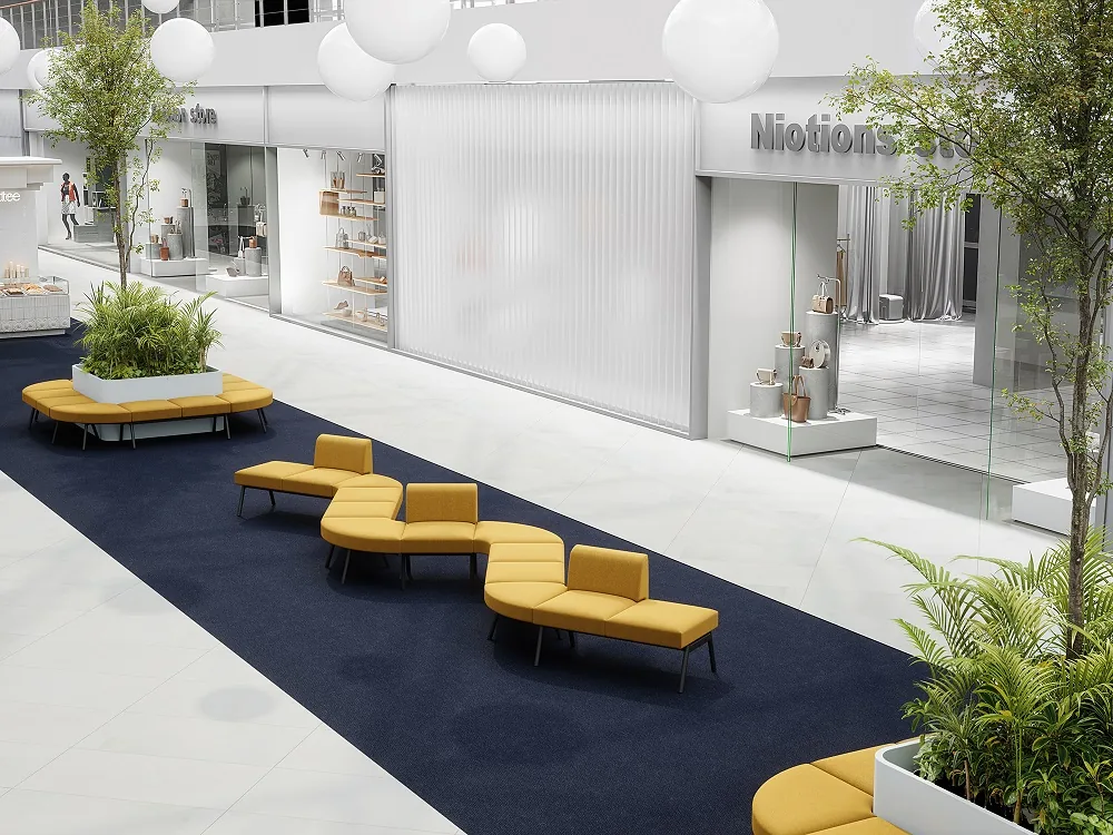 LD Seating uvádí modulární sezení Pod a Nido Bench: Sestavu složíte sami 18 Hořčicové lavice Nido Bench v pasáži nákupního centra
