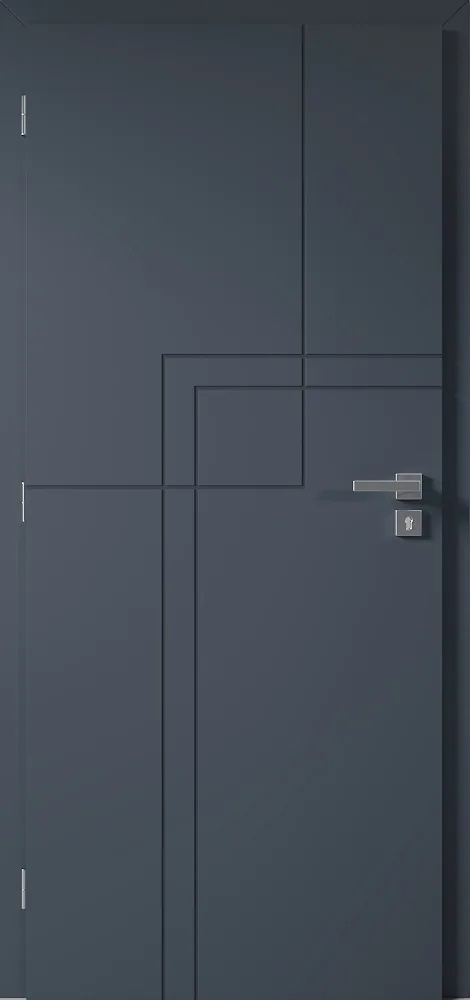 Trendy v interiérových dveřích: struktura, frézování, mat a ekologie 7 Antracitové dveře Smart 51 v odstínu RAL 7016 s geometrickým frézovaným vzorem z pravoúhlých linek a kovovou klikou