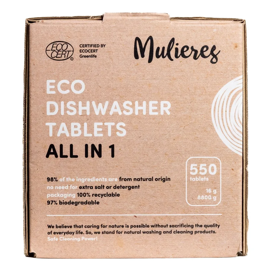 Ekologické tablety do myčky: srovnání sedmi přípravků a cena za jedno mytí 2 Papírová krabice Mulieres Eco Dishwasher Tablets All in 1 na 550 tablet