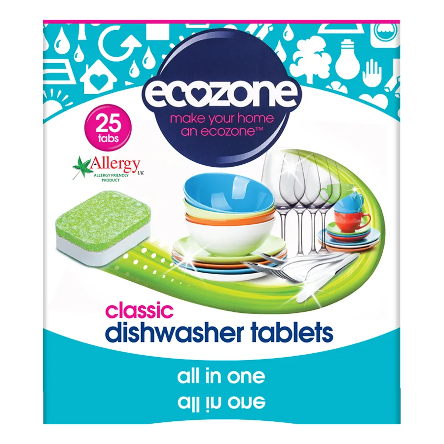 Ekologické tablety do myčky: srovnání sedmi přípravků a cena za jedno mytí 4 Barevný sáček Ecozone Classic Dishwasher Tablets all in one s 25 tabletami