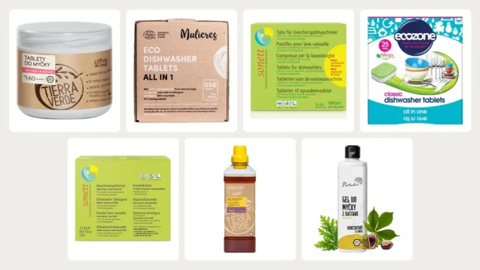 Koláž sedmi balení ekologických přípravků do myčky na světlém pozadí: tablety Tierra Verde, Mulieres, Sonett a Ecozone, prášek Sonett, gel Tierra Verde a gel Natasha