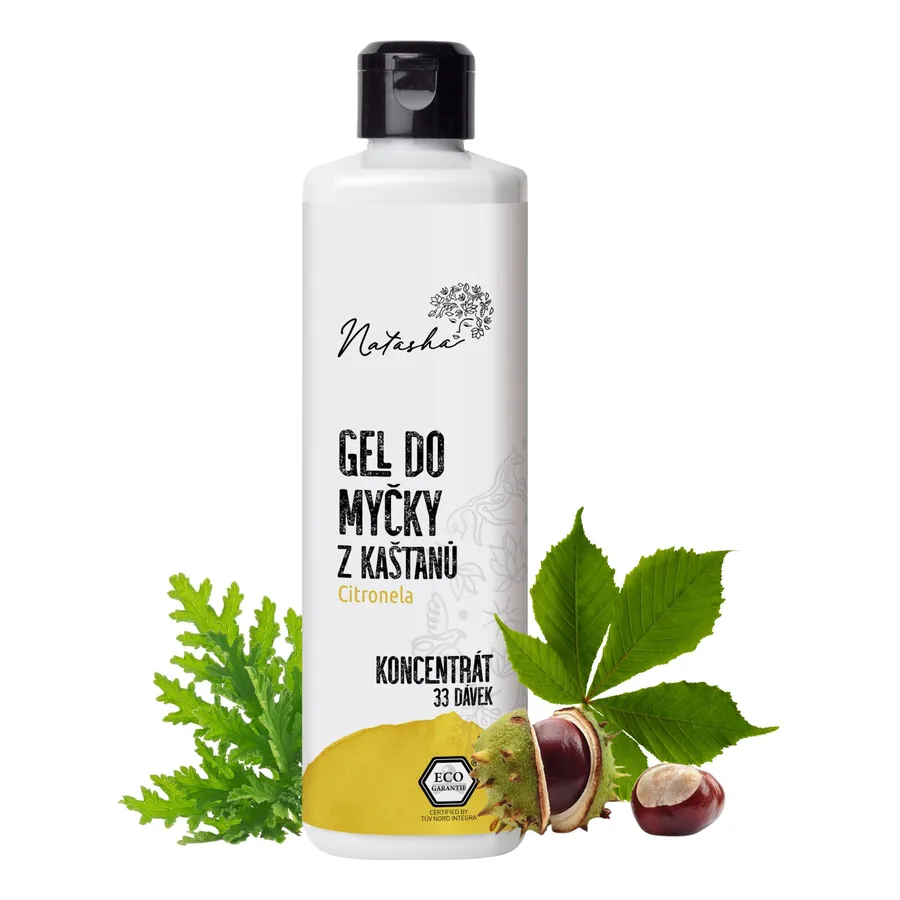 Ekologické tablety do myčky: srovnání sedmi přípravků a cena za jedno mytí 7 Bílá lahev gelu do myčky Natasha z kaštanů s citronelou a plody koňského kaštanu vedle ní
