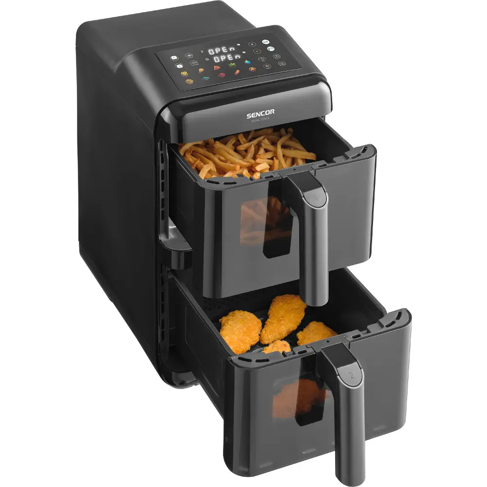 Fritéza Sencor DUAL STACK má dva koše nad sebou s objemem 11,6 l a připraví až 4 jídla 1 Fritéza Sencor DUAL STACK s oběma vysunutými koši, nahoře hranolky, dole kuřecí řízečky